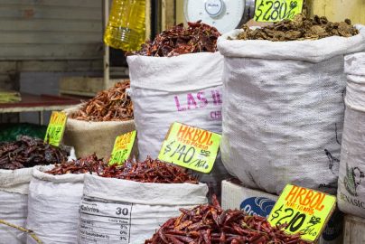 Bags of dried chilies for sale at a market in Mexico City, showcasing a colorful variety.